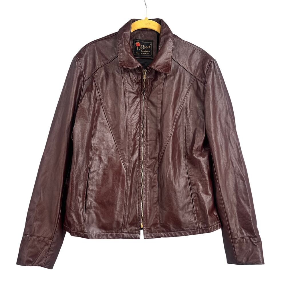 VTG 90s Leather Moto Biker Jacket Women M Oxblood Brown Zip Minimalist Reed 80s